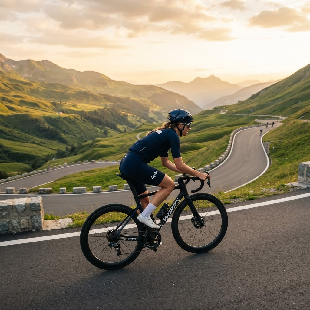 Cyclist riding on a mountain road at golden hour