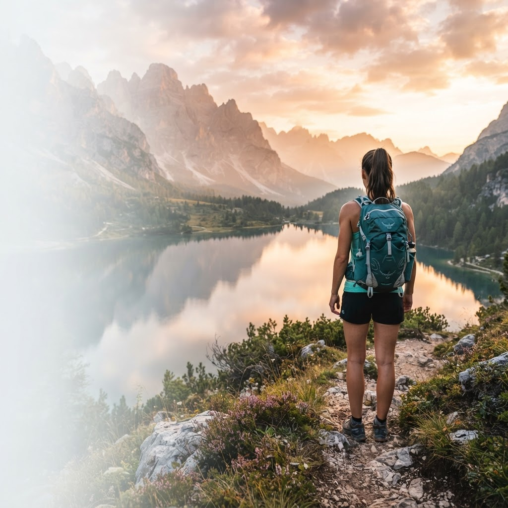 Woman with a backpack looking out over a mountain lake at sunrise
