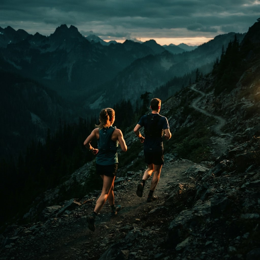 Two runners on a mountain trail at dusk